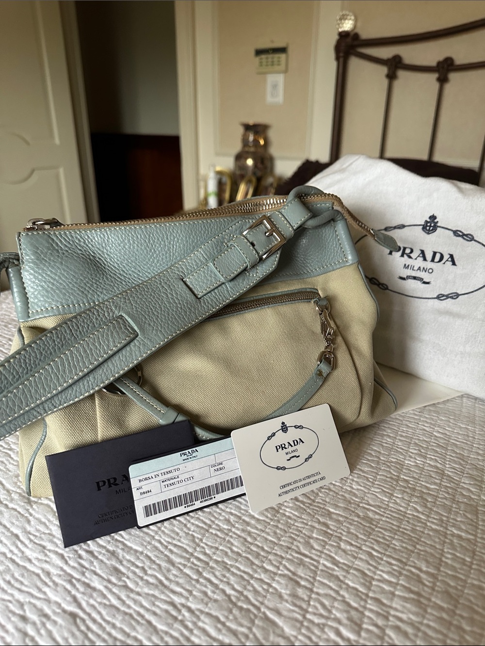 Prada Two-Tone Sage light blue Leather and Beige small Canvas Shoulder Bag